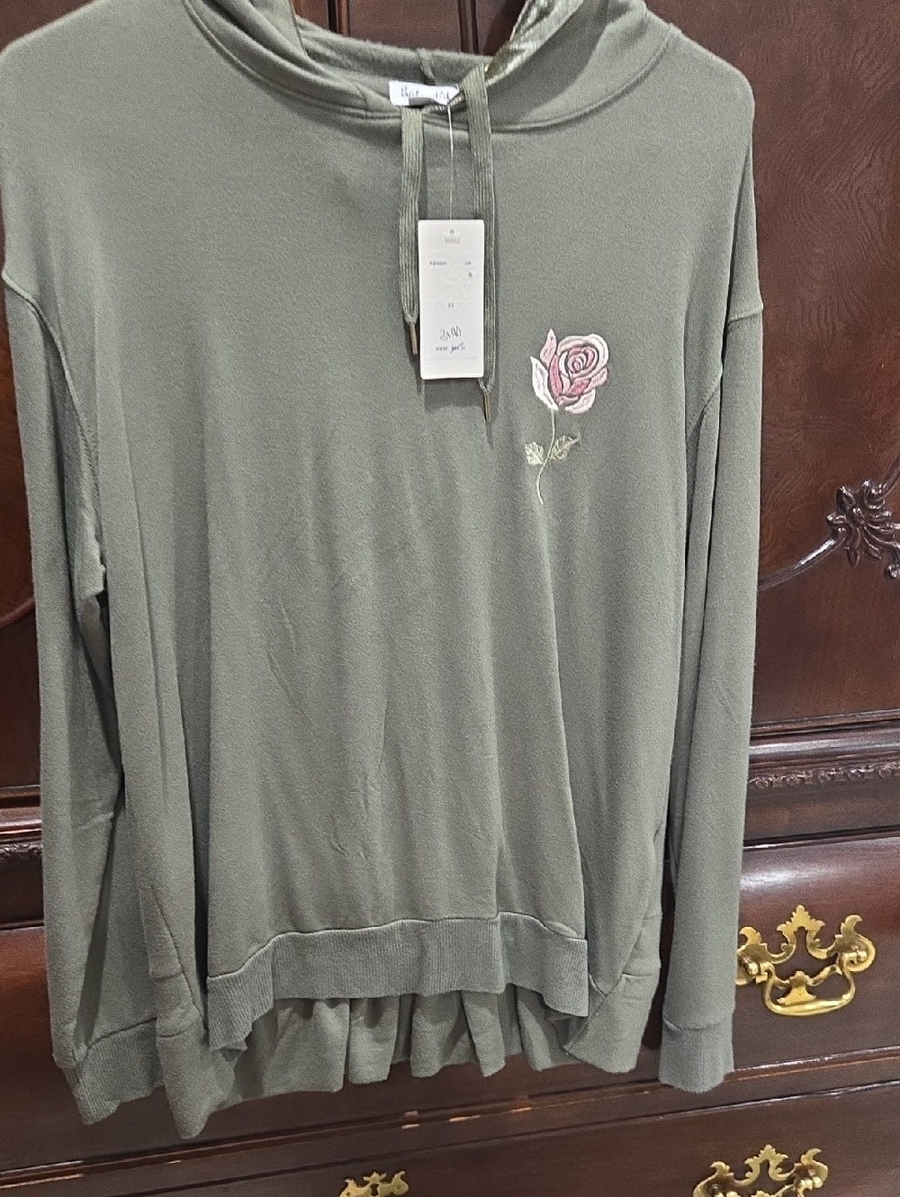 SPLENDID Olive Green Hoodie with Pink Rose Embroidery